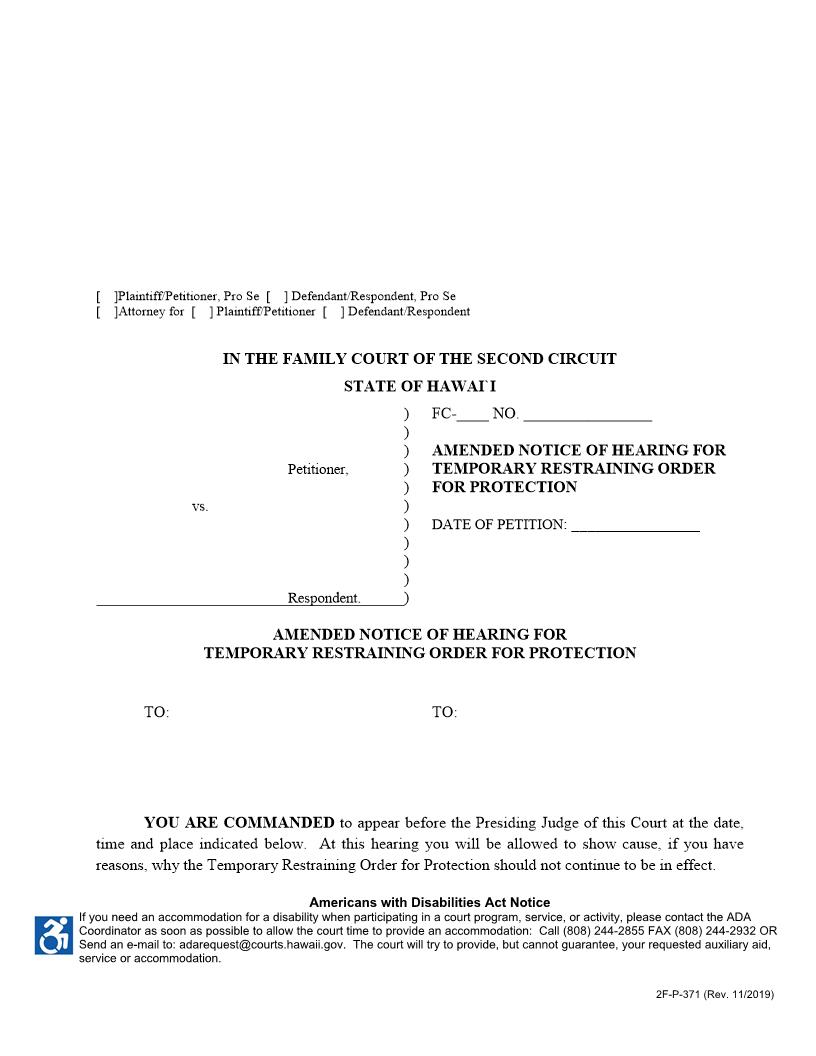 Amended Notice Of Hearing For Temporary Restraining Order For Protection {2F-P-371} | Pdf Fpdf Docx | Hawaii