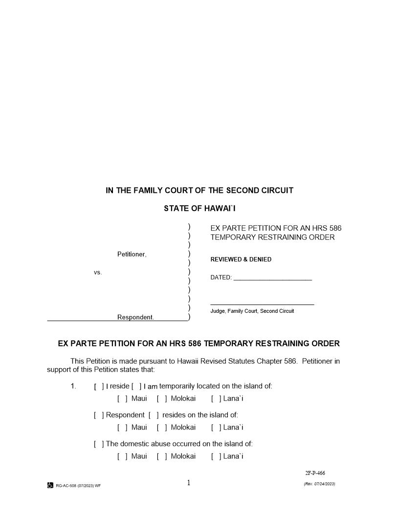 Ex Parte Petition For An HRS 586 Temporary Restraining Order {2F-P-466} | Pdf Fpdf Docx | Hawaii