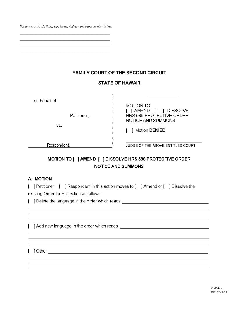 Motion To Amend Dissolve The Existing Order {2F-P-475} | Pdf Fpdf Docx | Hawaii