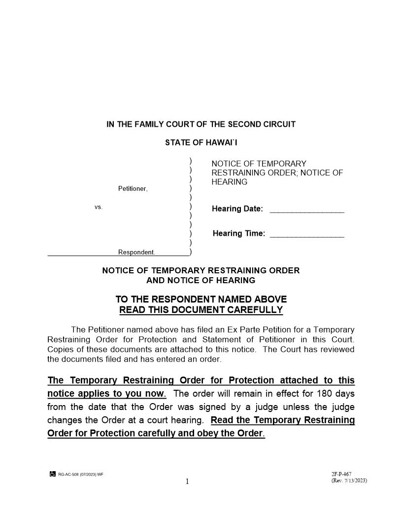 Notice Of Temporary Restraining Order Notice Of Hearing {2F-P-467} | Pdf Fpdf Docx | Hawaii