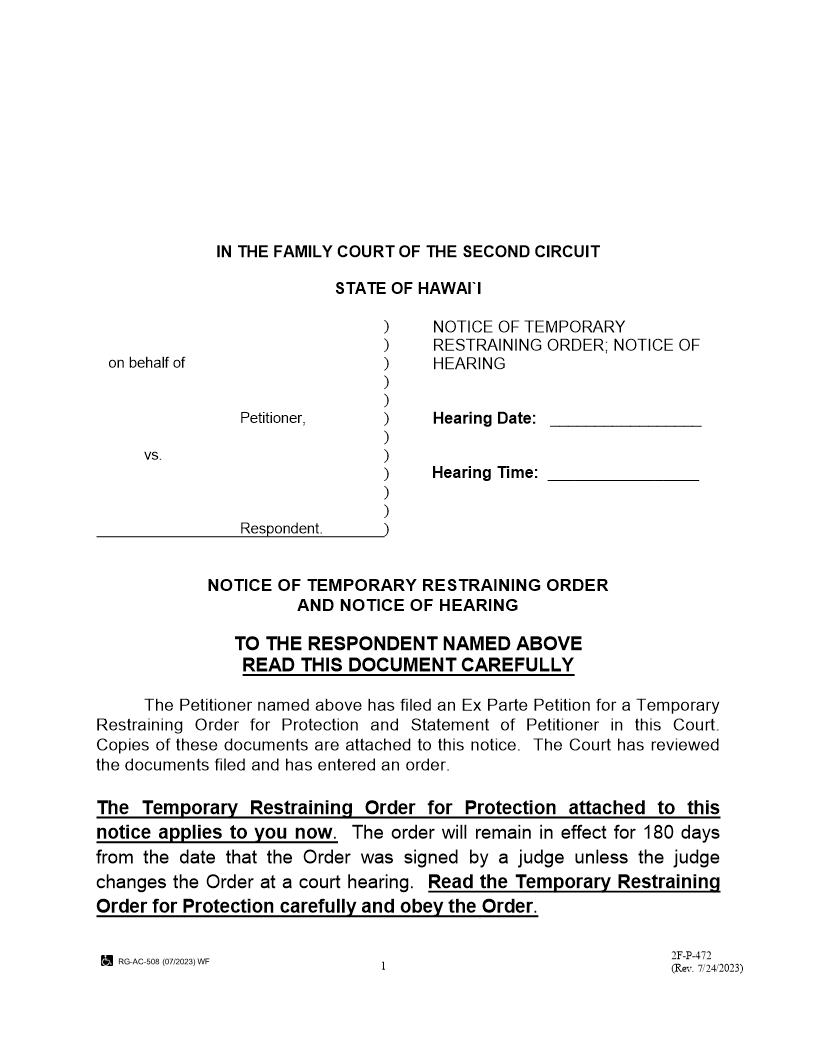 Notice Of Temporary Restraining Order Notice Of Hearing {2F-P-472} | Pdf Fpdf Docx | Hawaii