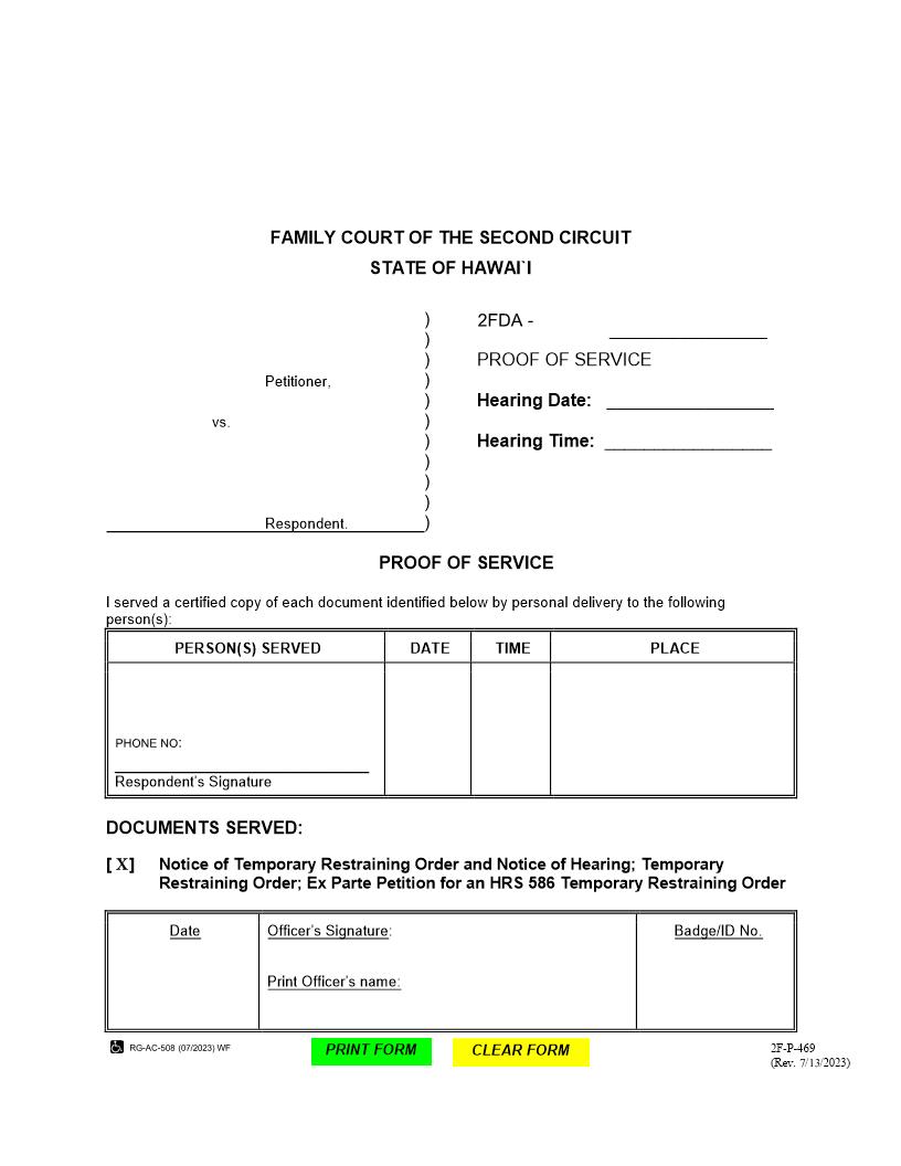 Proof Of Service Temporary Restraining Order {2F-P-469} | Pdf Fpdf Docx | Hawaii
