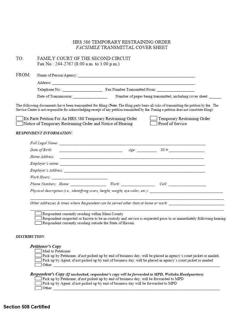 TRO Facsimile Transmittal Cover Sheet {2FP464} | Pdf Fpdf Docx | Hawaii