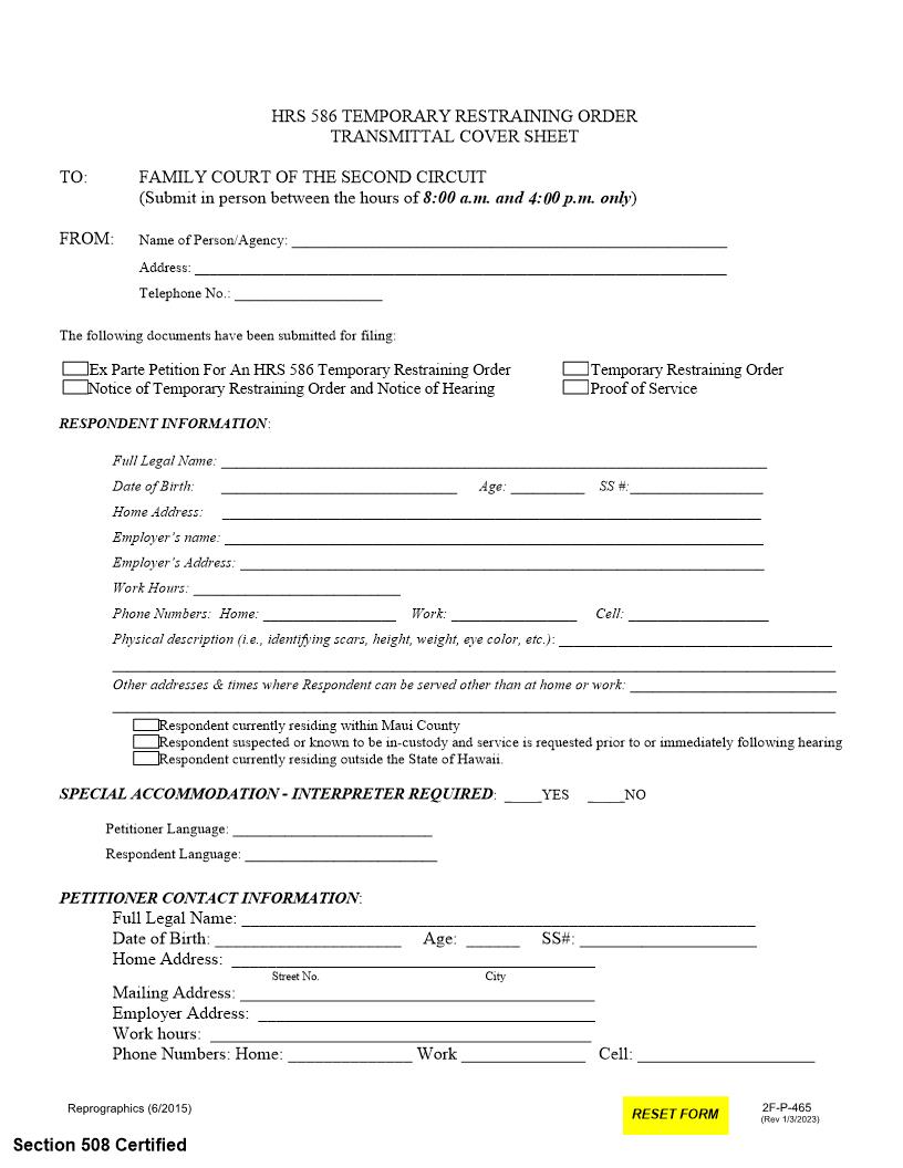 TRO Transmittal Cover Sheet {2FP465} | Pdf Fpdf Docx | Hawaii