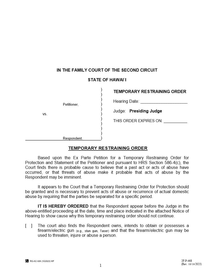 Temporary Restraining Order {2F-P-468} | Pdf Fpdf Docx | Hawaii