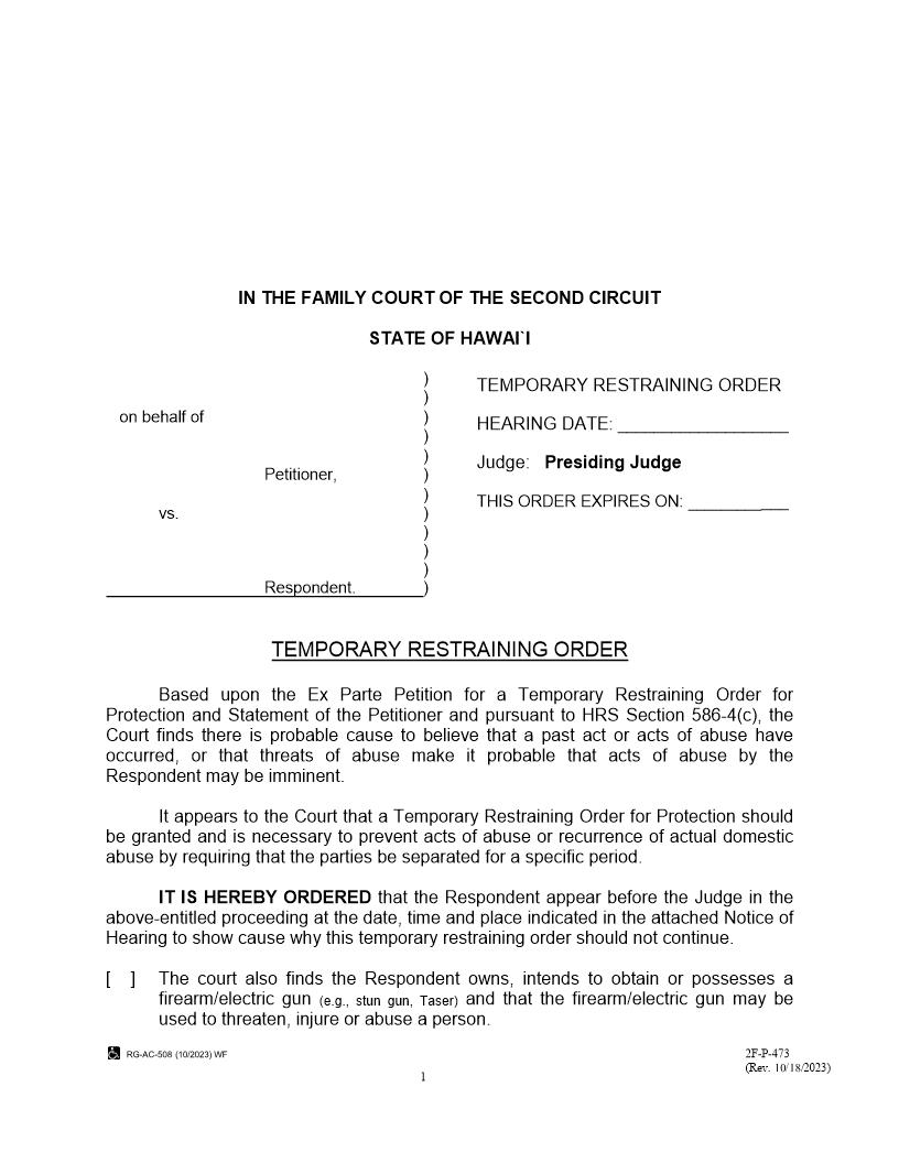 Temporary Restraining Order {2F-P-473} | Pdf Fpdf Docx | Hawaii