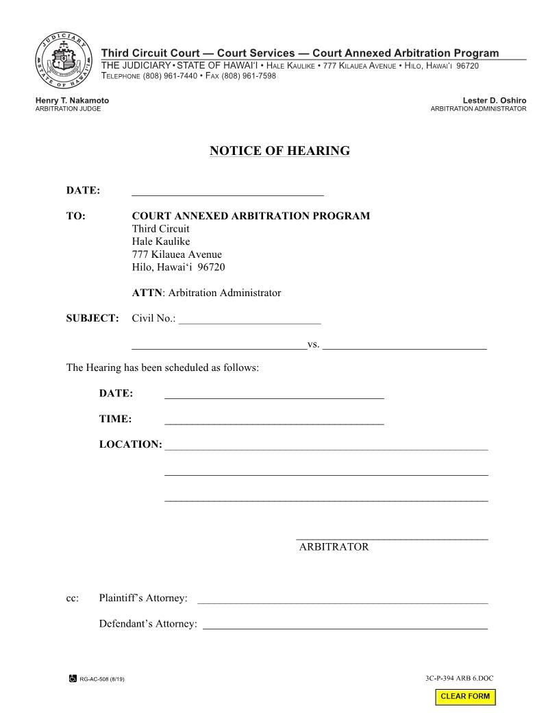 Notice Of Hearing {3C-P-394} | Pdf Fpdf Docx | Hawaii