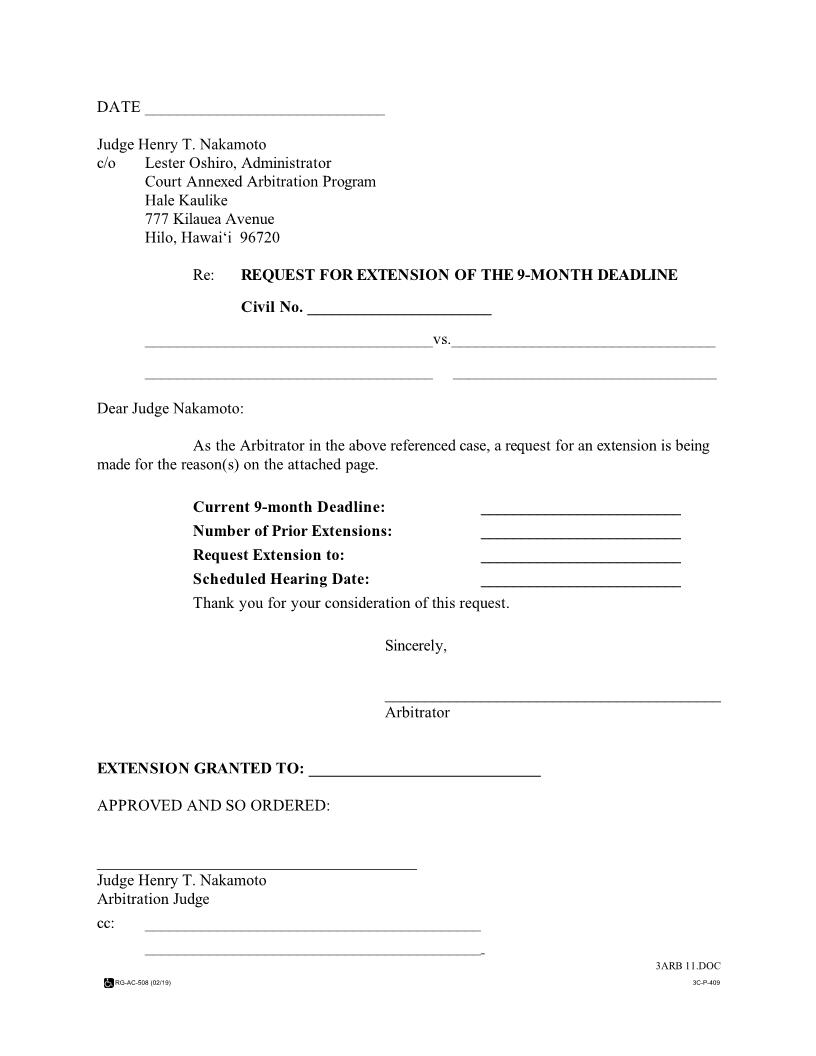 Request For Extension Of The 9-Month Deadline {3C-P-409} | Pdf Fpdf Docx | Hawaii