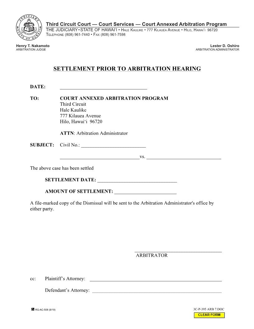 Settlement Prior To Arbitration Hearing {3C-P-395} | Pdf Fpdf Docx | Hawaii