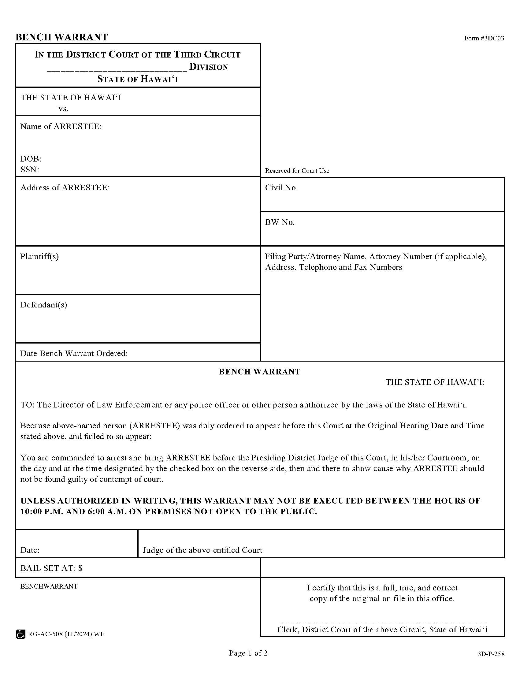 Bench Warrant {3DC03} | Pdf Fpdf Doc Docx | Hawaii