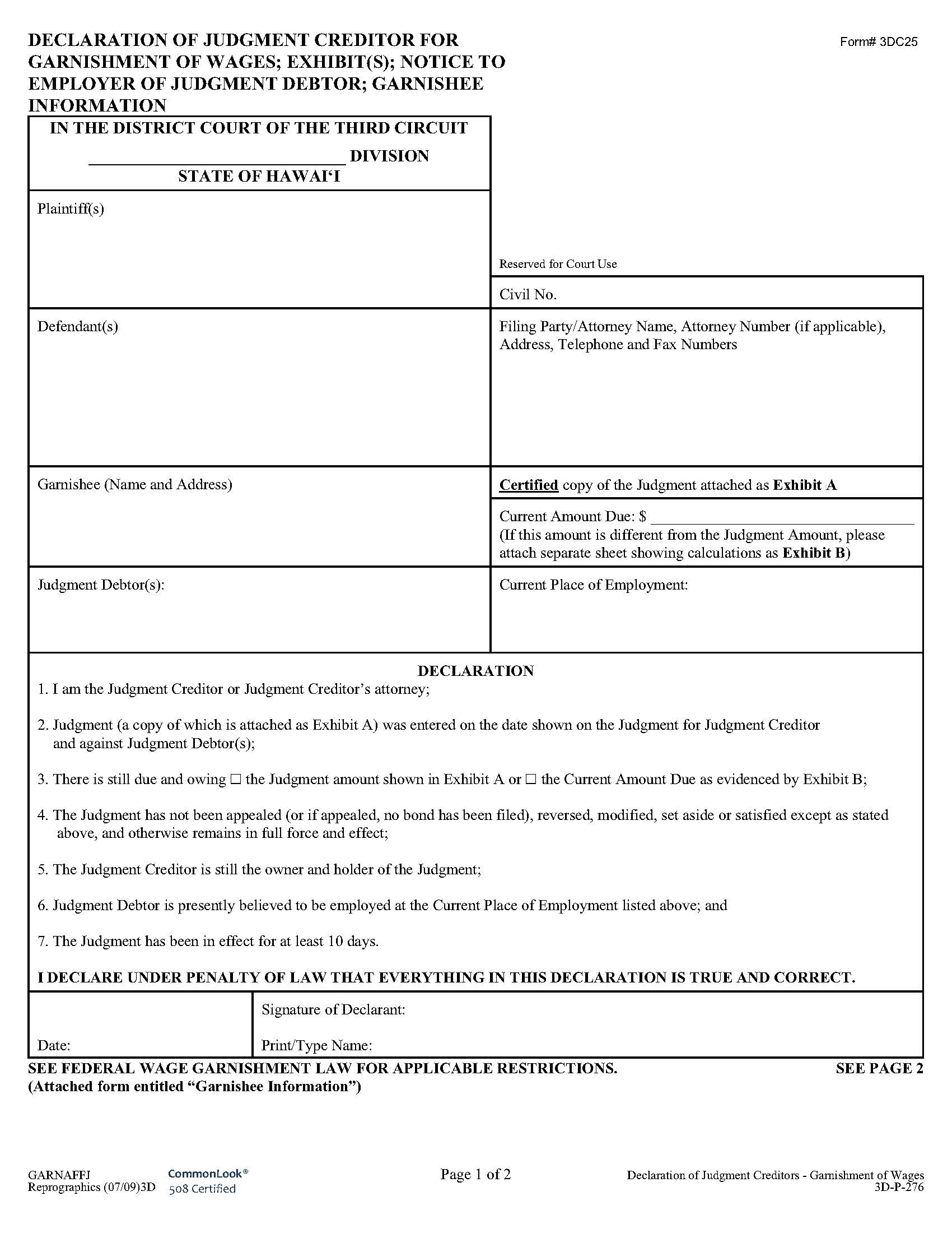 Declaration Of Judgment Creditors For Garnishment Of Wages {3DC25} | Pdf Fpdf Doc Docx | Hawaii