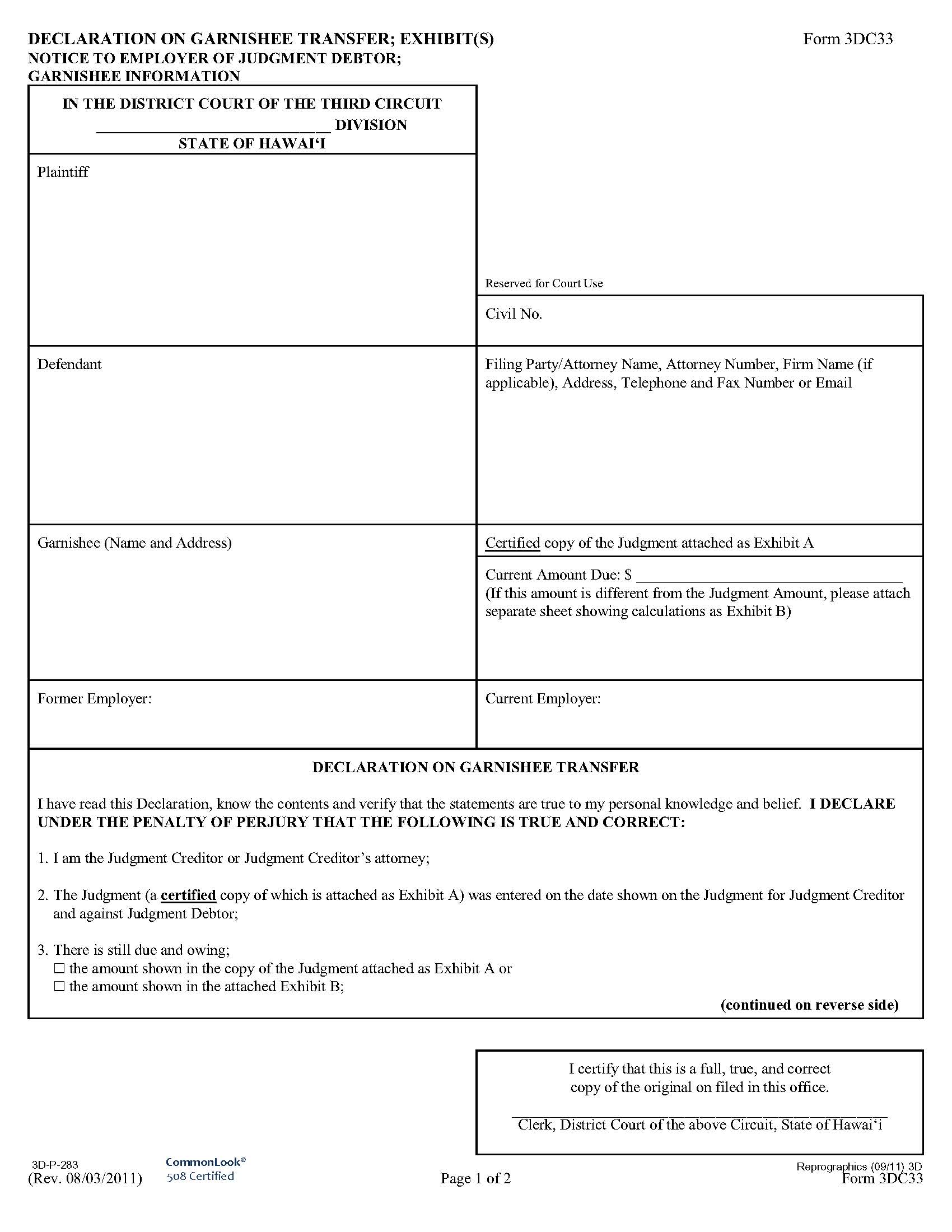Declaration On Garnishee Transfer {3DC33} | Pdf Fpdf Doc Docx | Hawaii