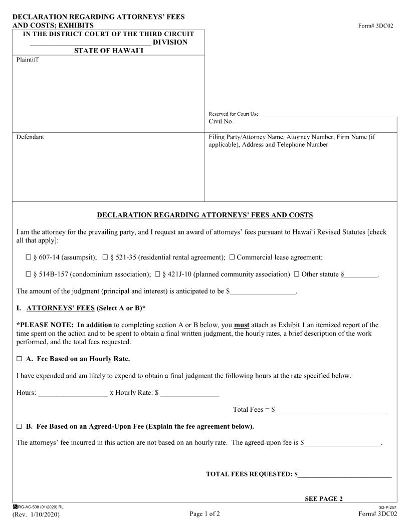 Declaration Regarding Attorneys Fees And Costs {3DC02} | Pdf Fpdf Docx | Hawaii