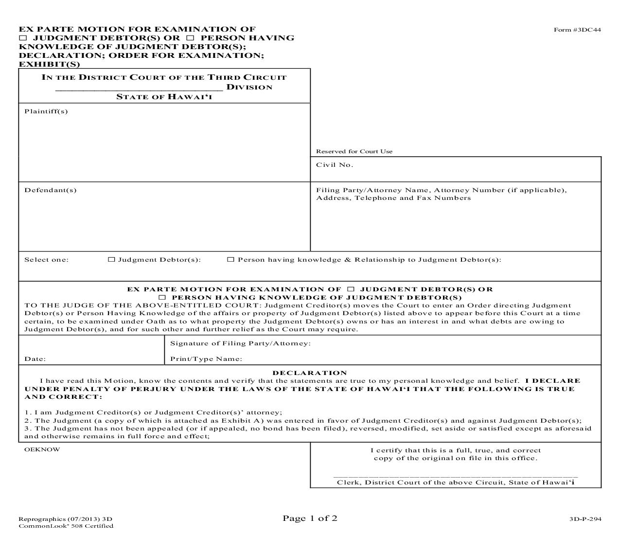 Ex Parte Motion For Examination Of Judgment Debtor(s) Or Person Having Knowledge of Judgment Debtor(s) {3DC44} | Pdf Fpdf Doc Docx | Hawaii