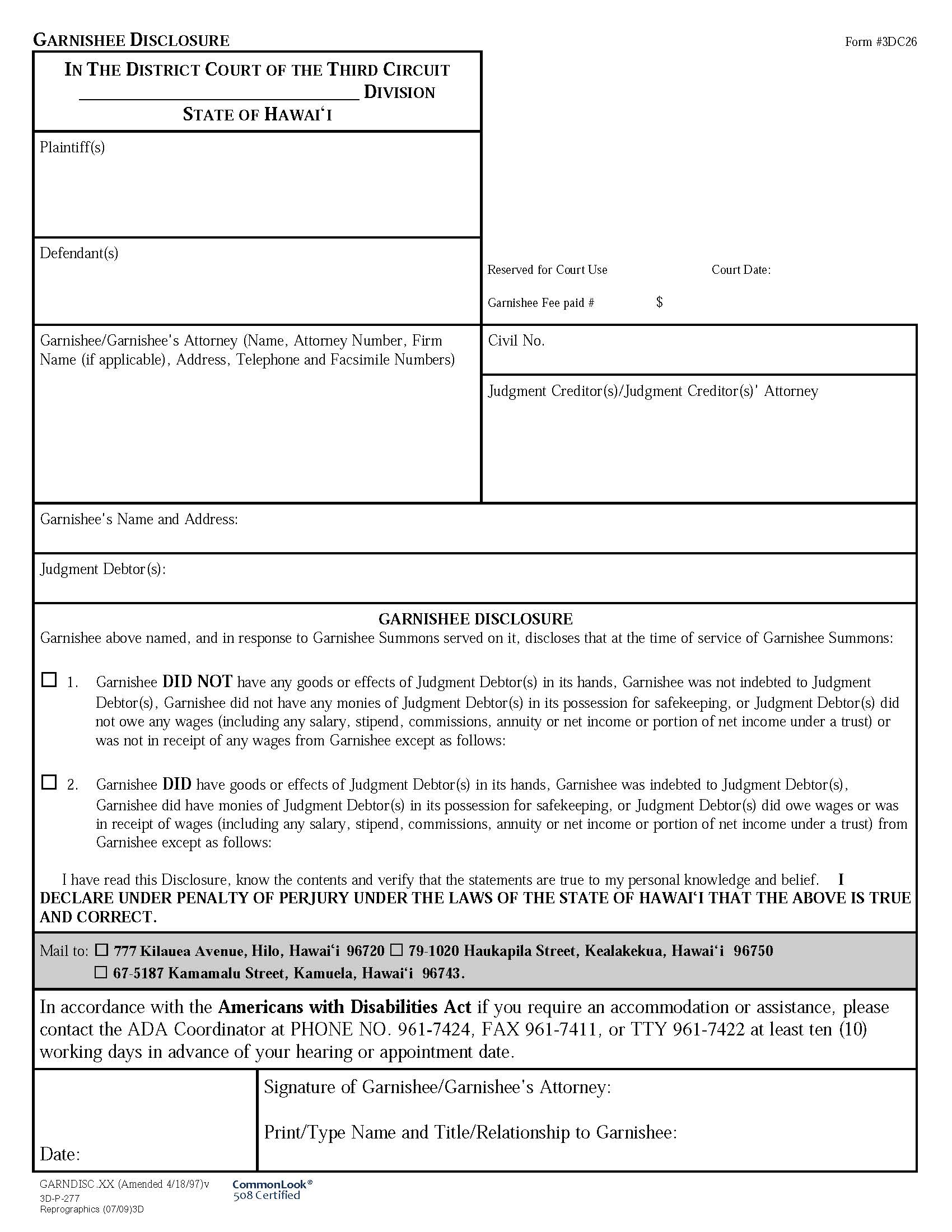 Garnishee Disclosure {3DC26} | Pdf Fpdf Doc Docx | Hawaii