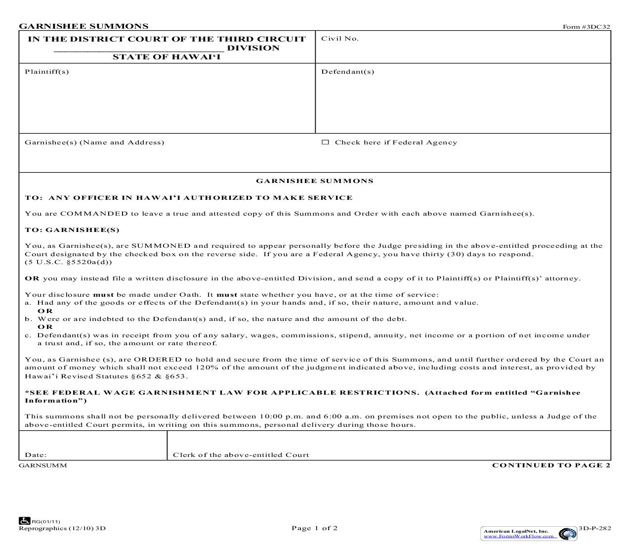 Garnishee Summons {3DC32} | Pdf Fpdf Doc Docx | Hawaii