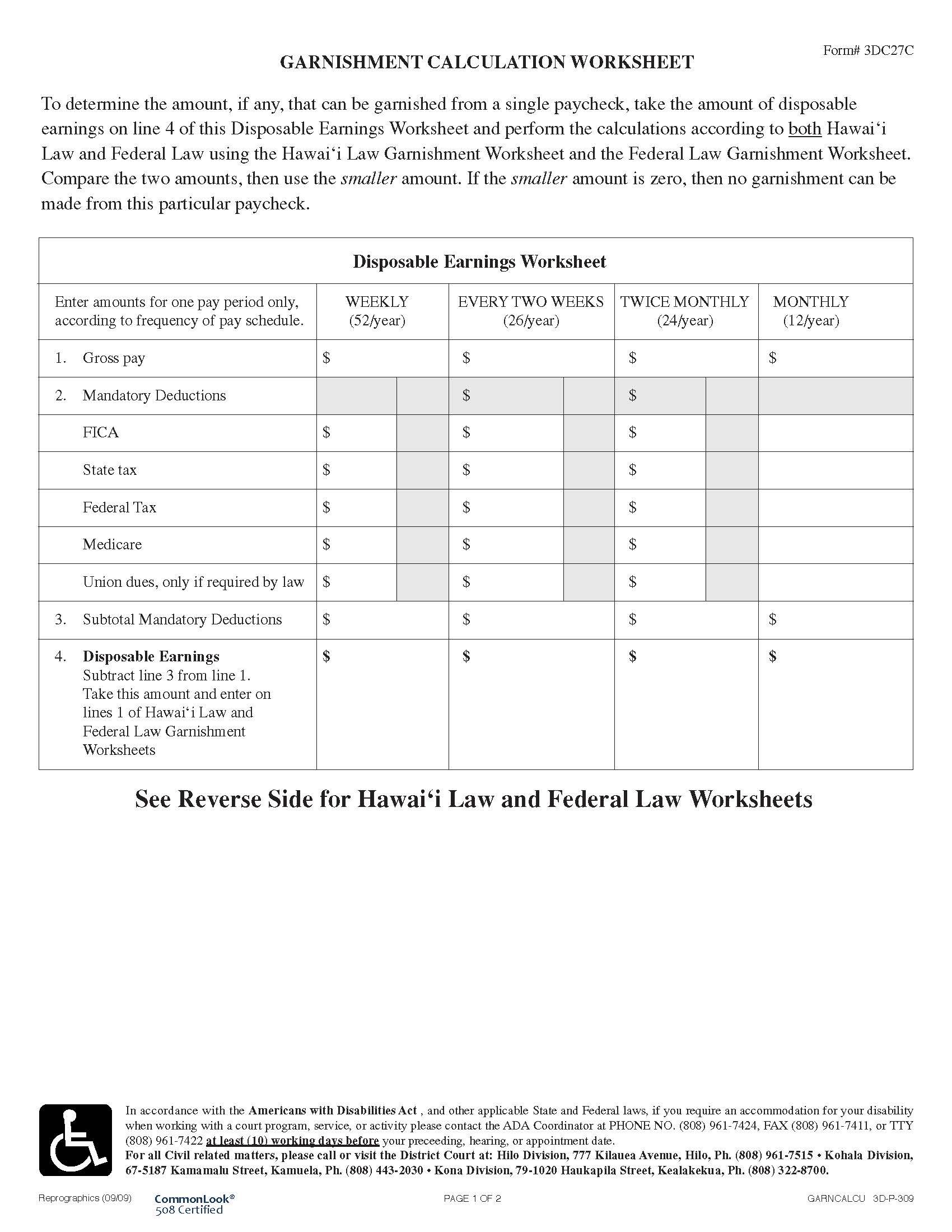 Garnishment Calculation Worksheet {3DC27C} | Pdf Fpdf Doc Docx | Hawaii