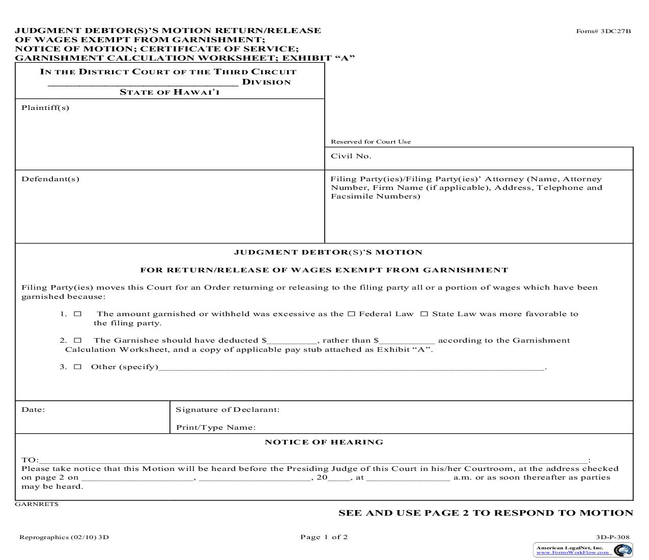 Judgment Debtors Motion Return Or Release Of Wages Exempt From Garnishment {3DC27B} | Pdf Fpdf Doc Docx | Hawaii