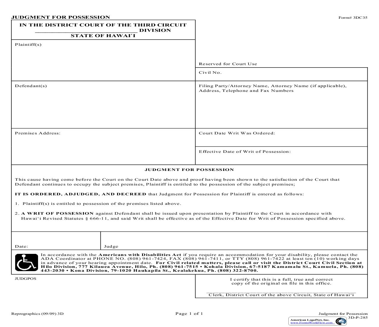 Judgment For Possession {3DC35} | Pdf Fpdf Doc Docx | Hawaii