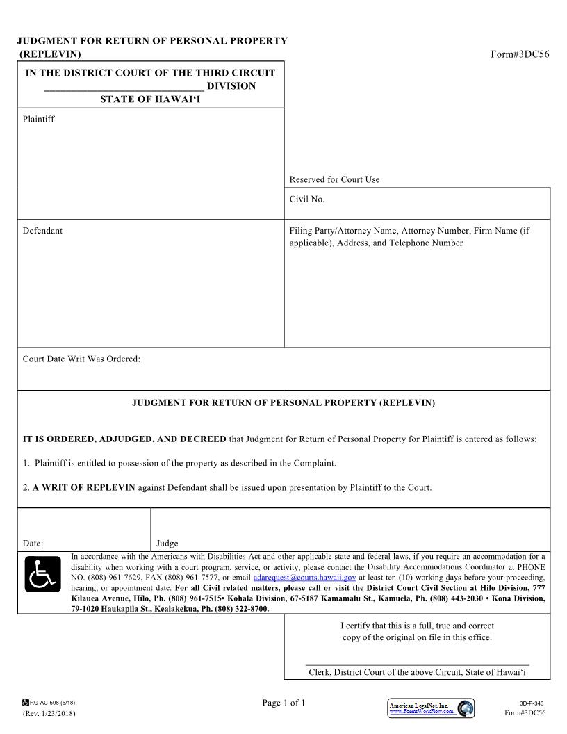 Judgment For Return Of Personal Property (Replevin) {3DC56} | Pdf Fpdf Docx | Hawaii