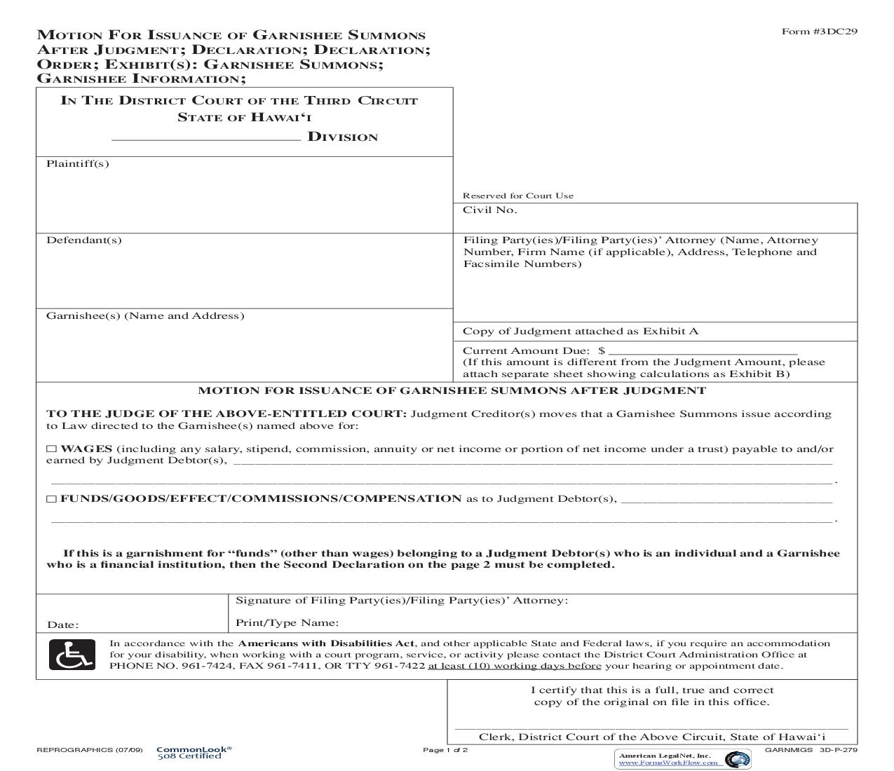 Motion For Issuance Of Garnishee Summons After Judgment {3DC29} | Pdf Fpdf Doc Docx | Hawaii