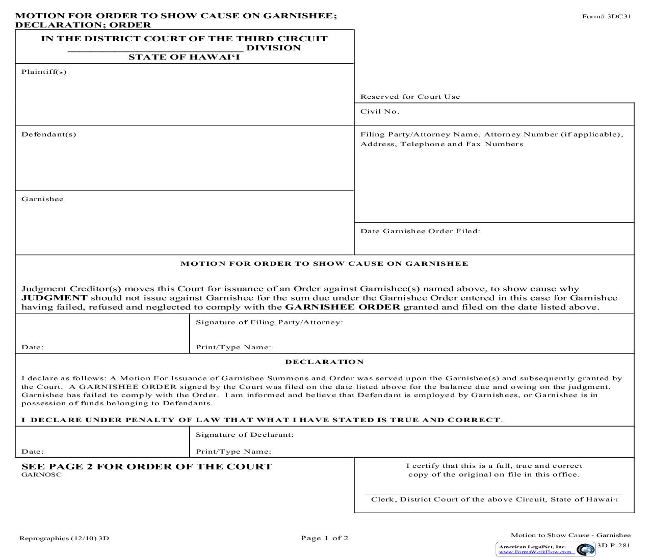 Motion For Order To Show Cause On Garnishee {3DC31} | Pdf Fpdf Doc Docx | Hawaii