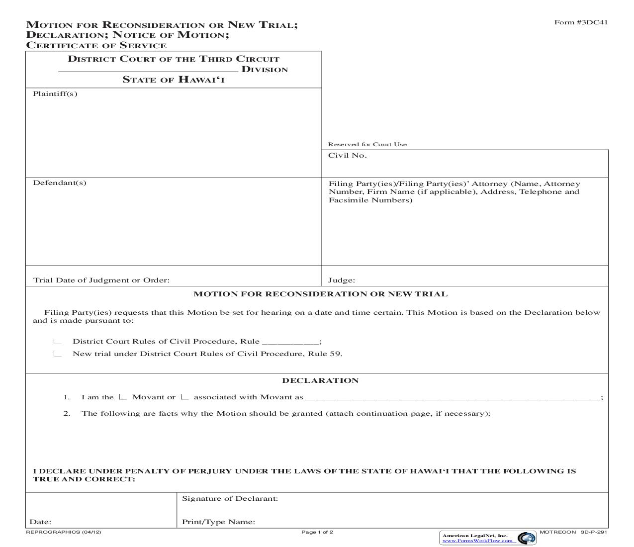 Motion For Reconsideration Or New Trial {3DC41} | Pdf Fpdf Doc Docx | Hawaii
