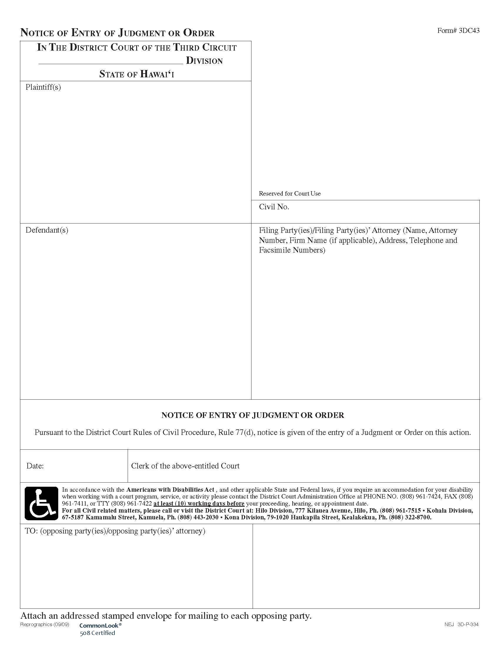 Notice Of Entry Of Judgment Or Order {3DC43} | Pdf Fpdf Doc Docx | Hawaii