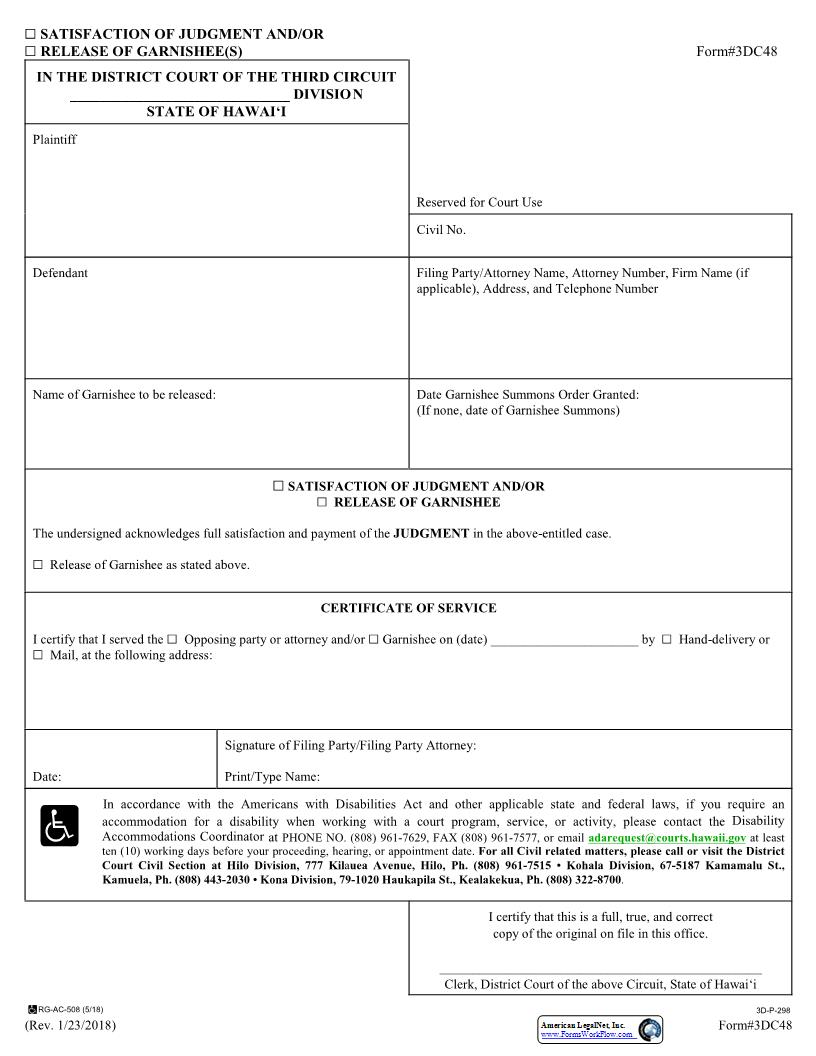 Satisfaction Of Judgment {3DC48} | Pdf Fpdf Docx | Hawaii