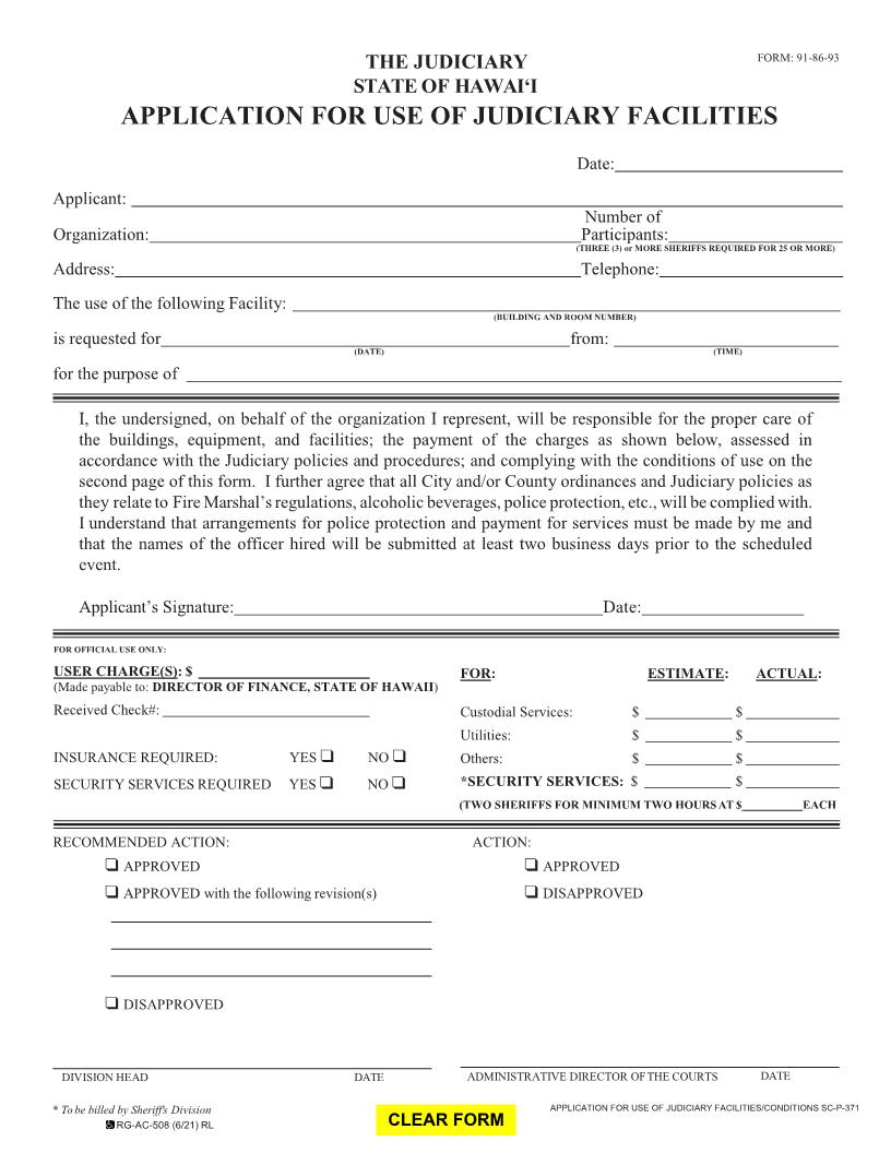 Application For Use Of Judiciary Facilities {91-86-93} | Pdf Fpdf Docx | Hawaii
