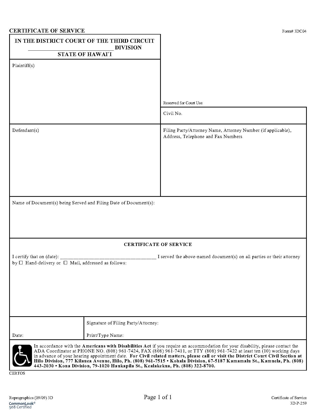 Certificate Of Service {3DC04} | Pdf Fpdf Doc Docx | Hawaii