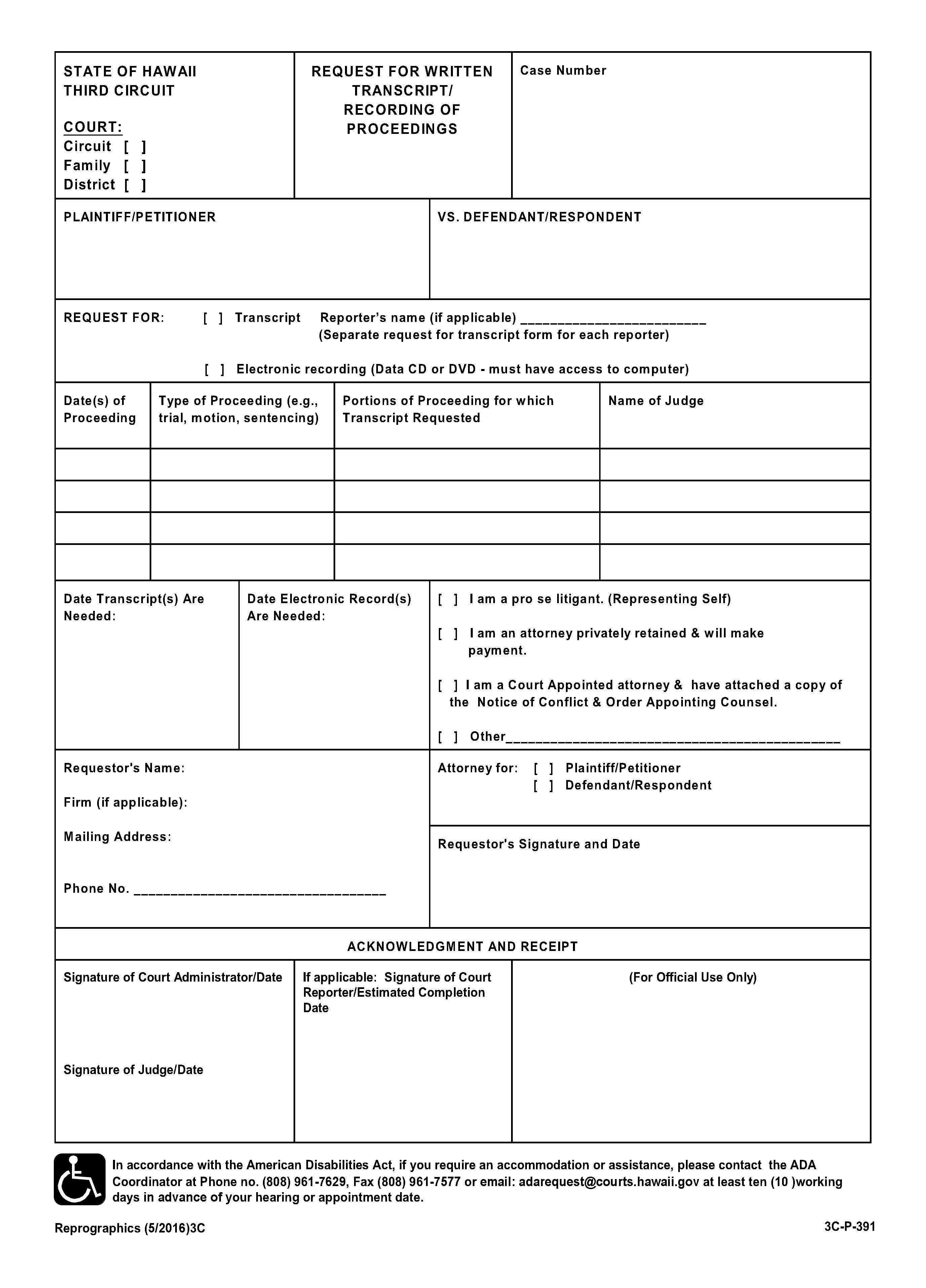 Request For Written Transcript-Recording Of Proceedings {3C-P-391} | Pdf Fpdf Docx | Hawaii