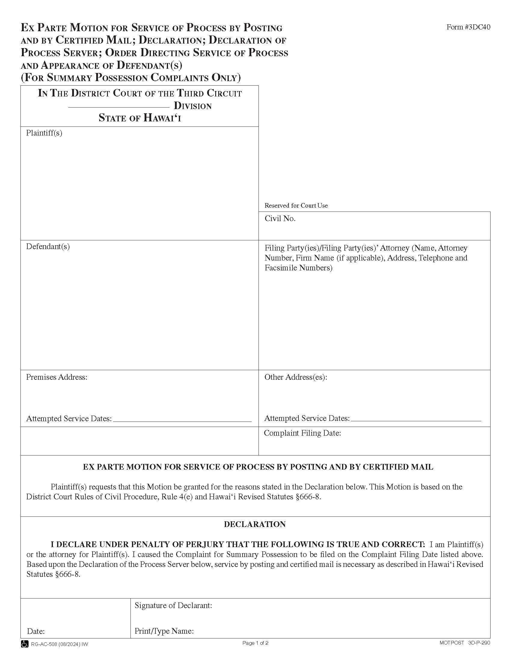 Ex Parte Motion For Service Of Process By Posting And By Certified Mail {3DC40} | Pdf Fpdf Doc Docx | Hawaii