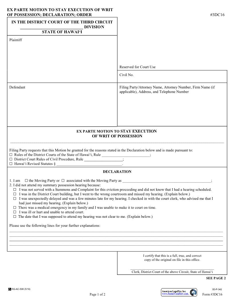Ex Parte Motion To Stay Execution Of Writ Of Possession {3DC16} | Pdf Fpdf Docx | Hawaii
