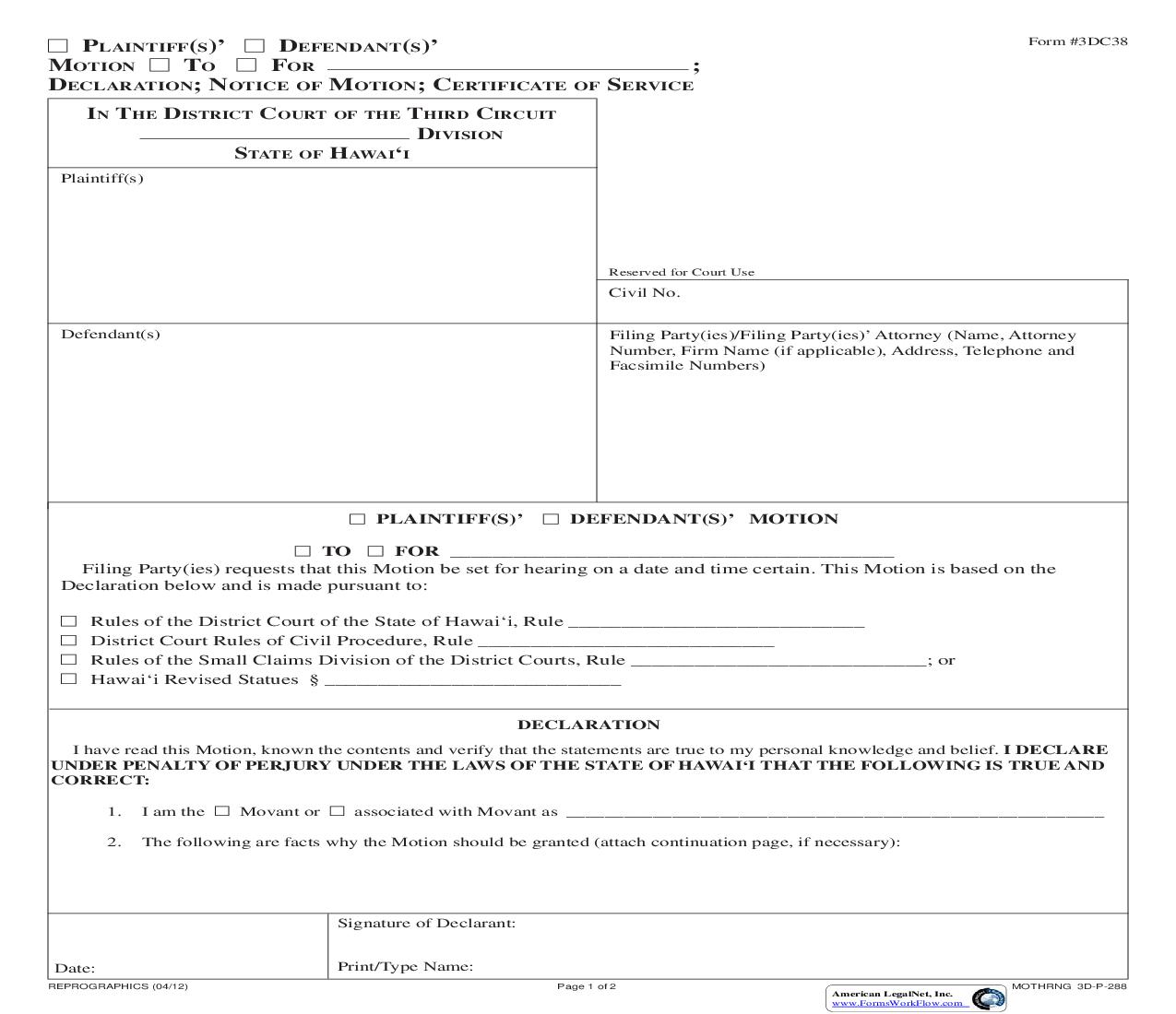 Motion (Hearing) {3DC38} | Pdf Fpdf Doc Docx | Hawaii