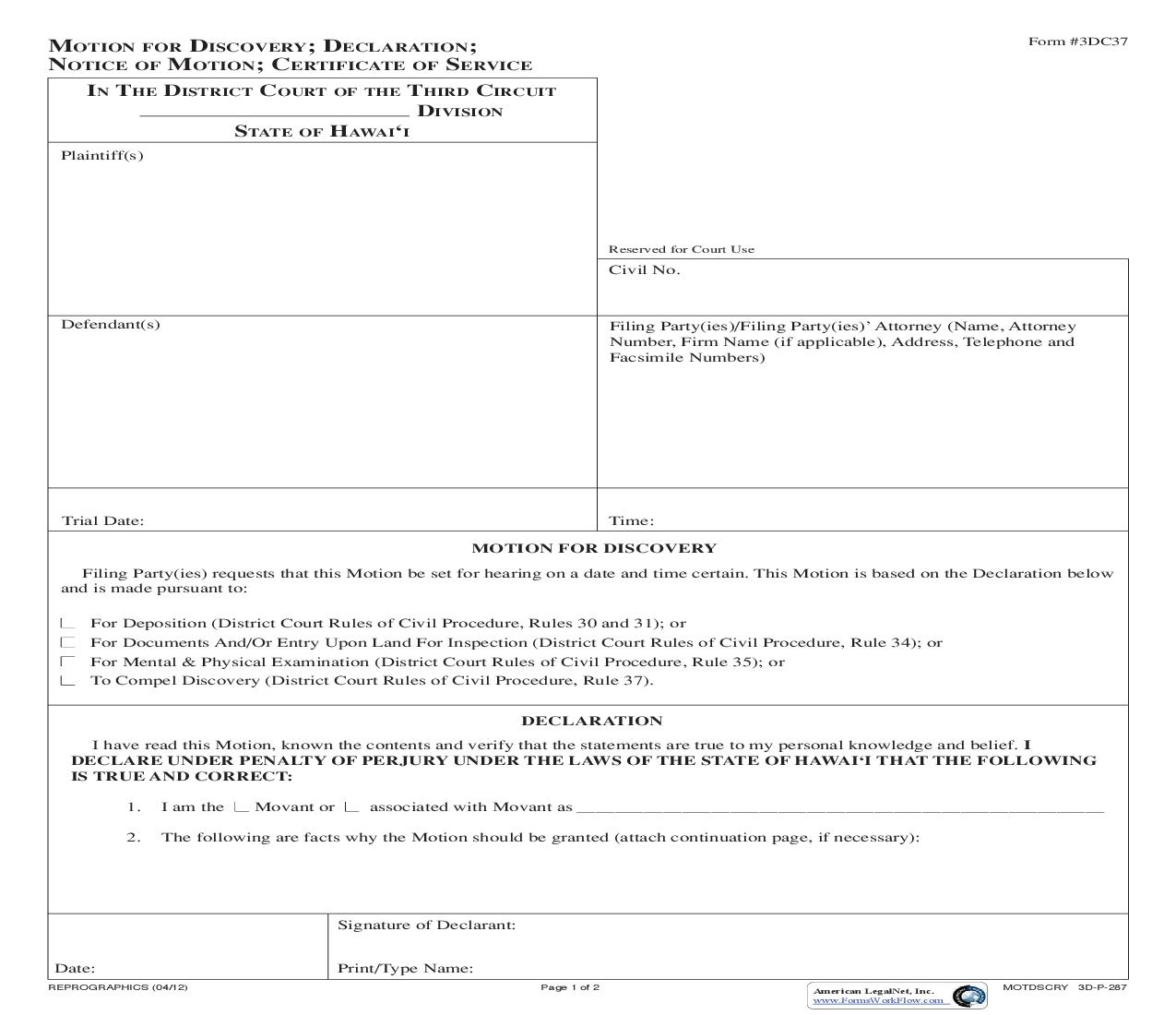 Motion For Discovery {3DC37} | Pdf Fpdf Doc Docx | Hawaii