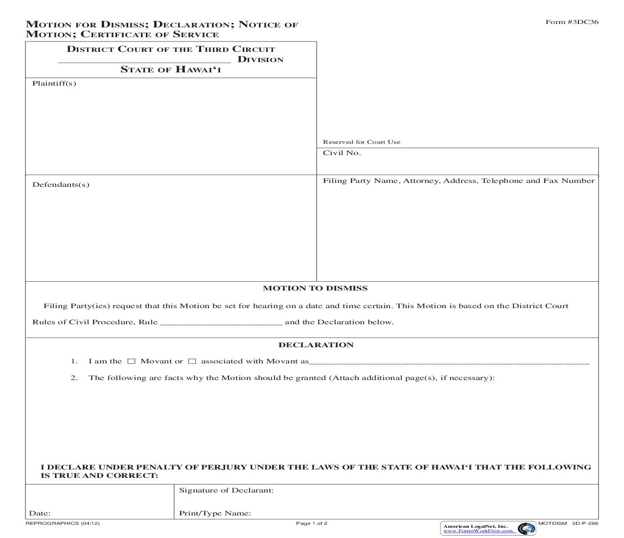 Motion To Dismiss {3DC36} | Pdf Fpdf Doc Docx | Hawaii
