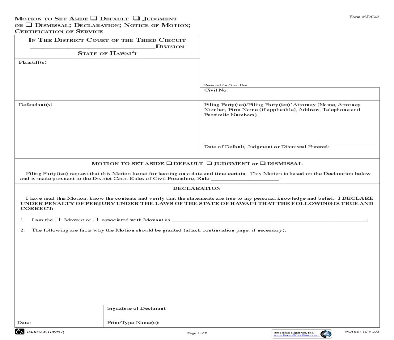Motion To Set Aside Declaration {3DC42} | Pdf Fpdf Doc Docx | Hawaii