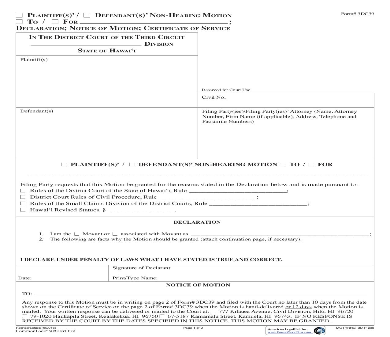 Non Hearing Motion {3DC39} | Pdf Fpdf Doc Docx | Hawaii