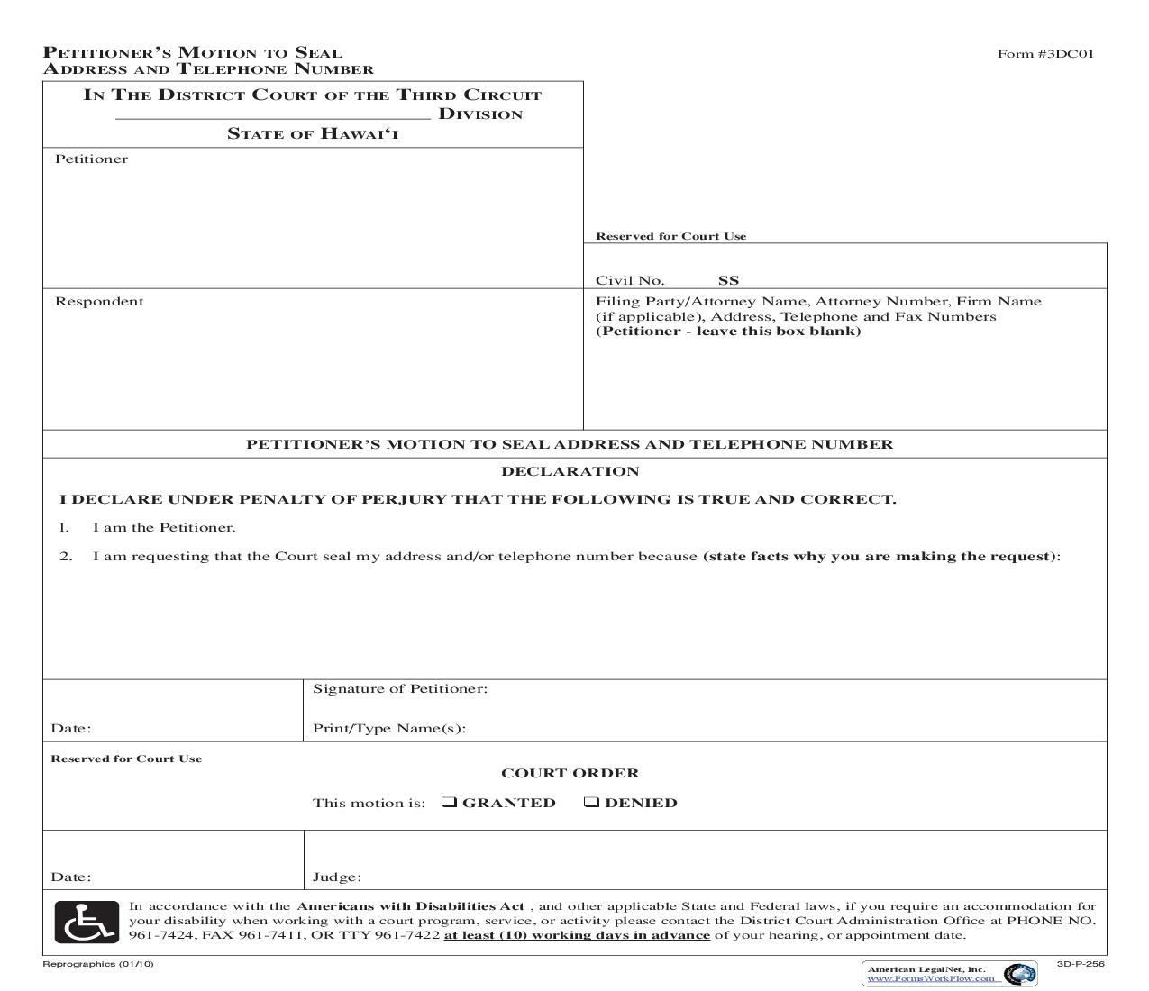Petitioners Motion To Seal Address And Telephone Number {3DC01} | Pdf Fpdf Doc Docx | Hawaii