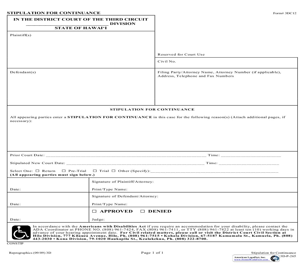Stipulation For Continuance {3DC12} | Pdf Fpdf Doc Docx | Hawaii