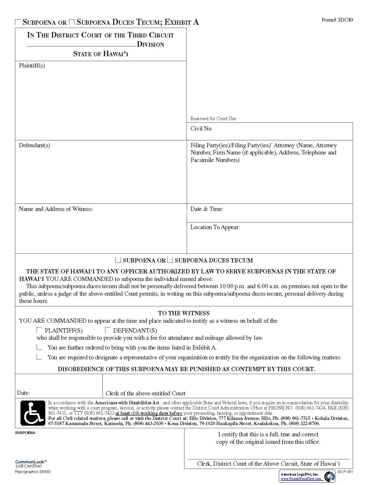 Subpoena Or Subpoena Duces Tecum {3DC49} | Pdf Fpdf Doc Docx | Hawaii