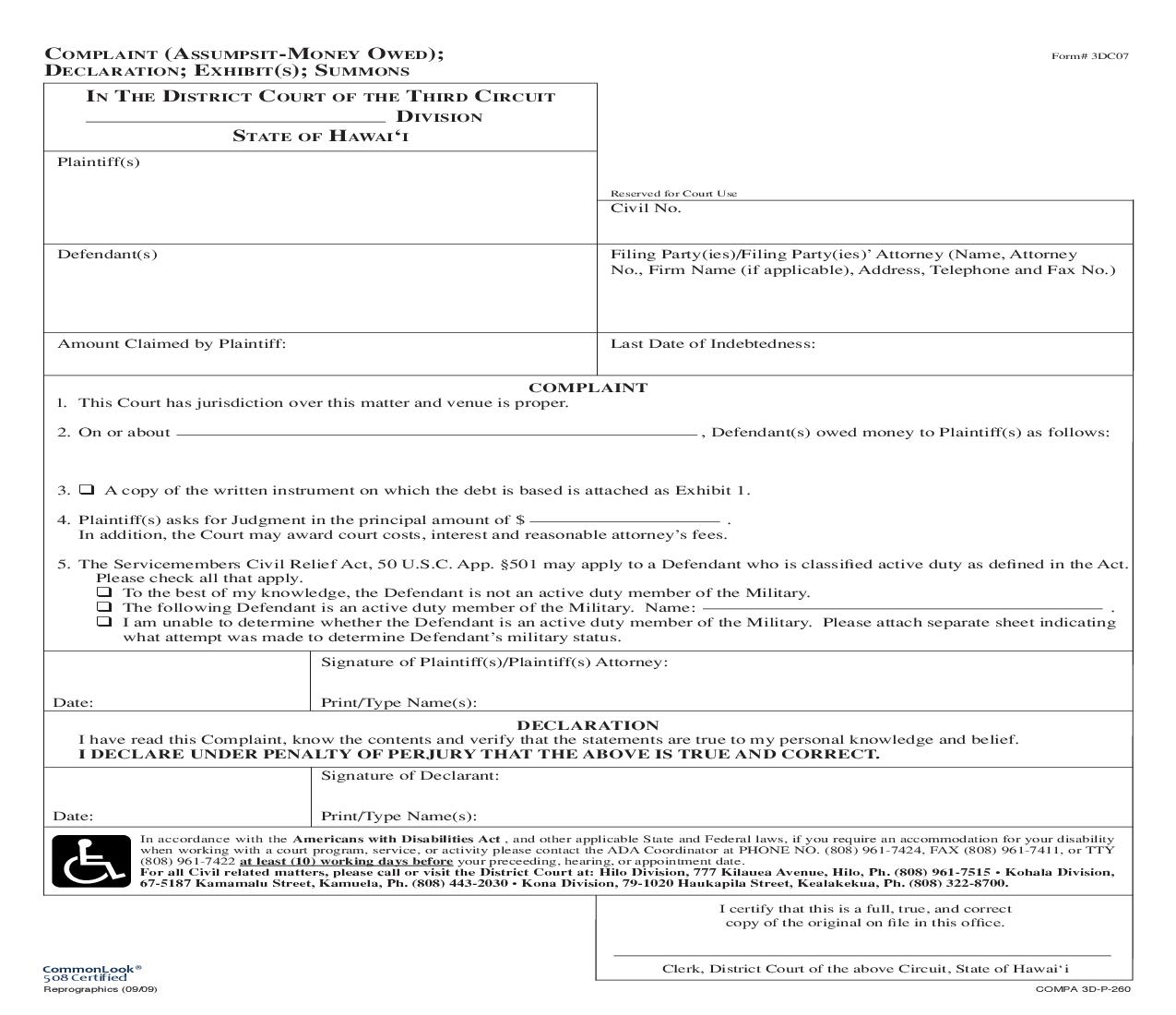 Complaint (Assumpist-Money Owed) {3DC07} | Pdf Fpdf Doc Docx | Hawaii