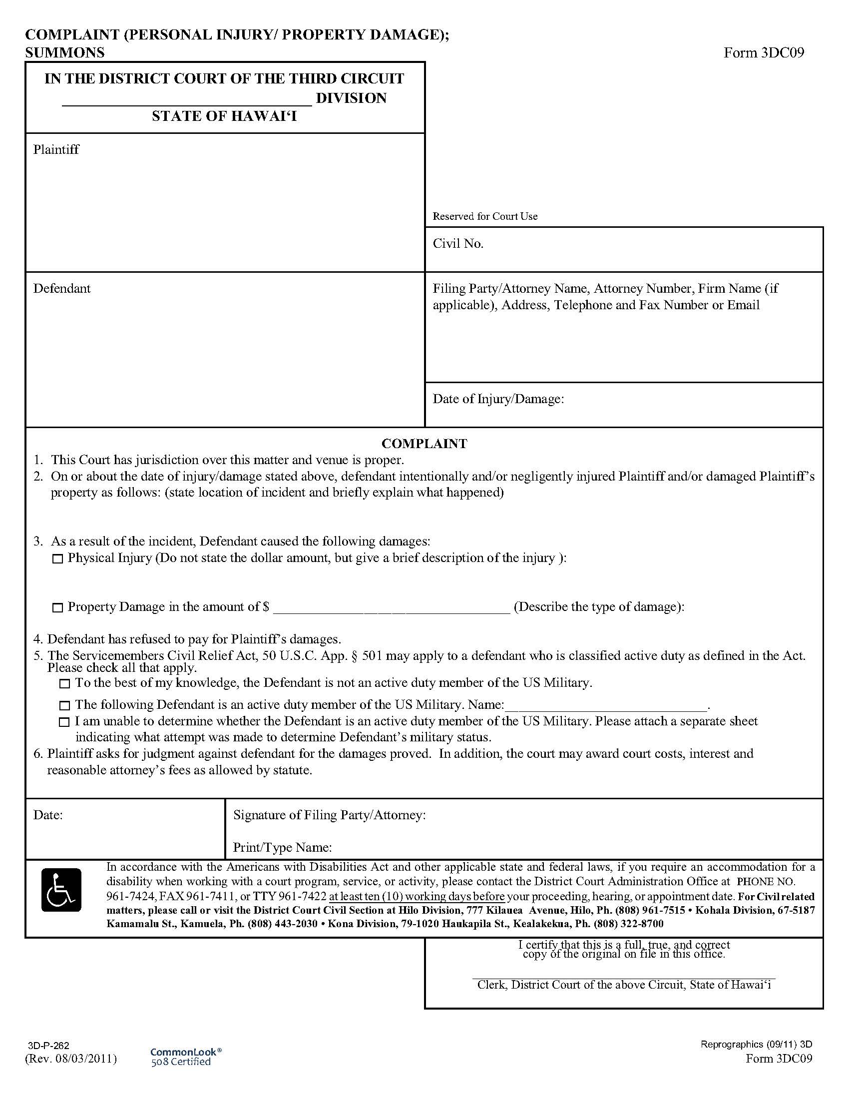 Complaint (Personal Injury-Property Damages) {3DC09} | Pdf Fpdf Doc Docx | Hawaii