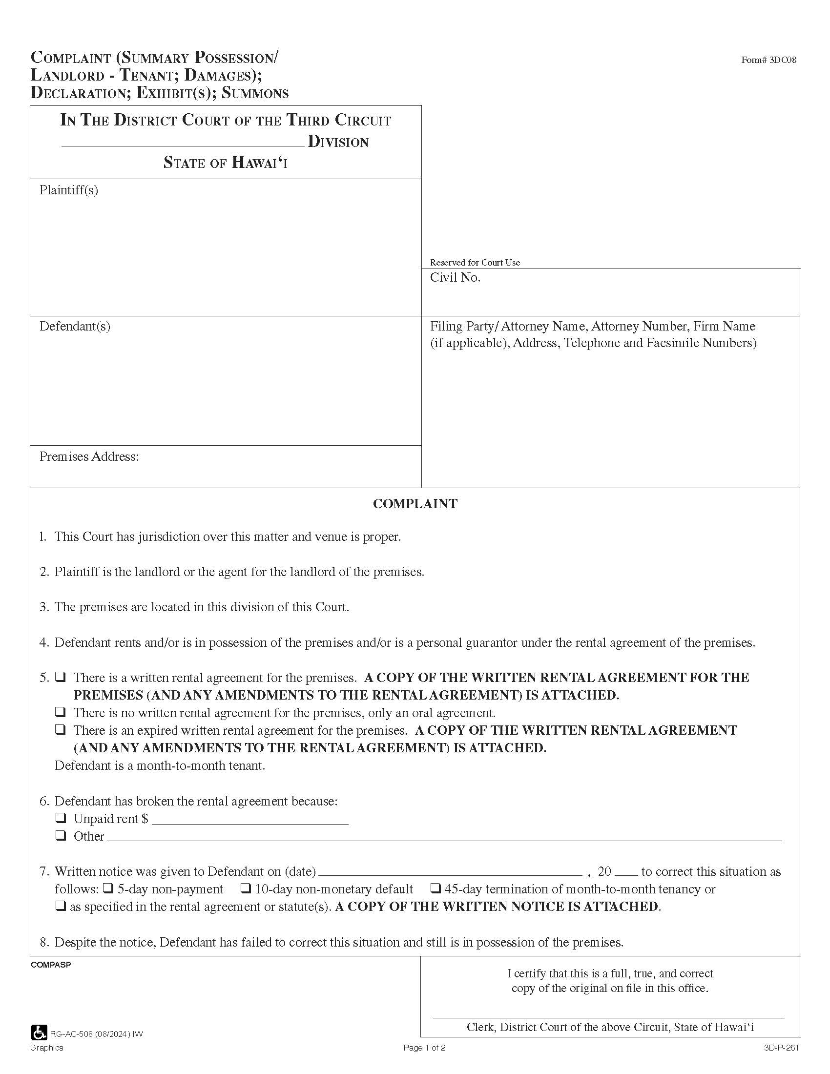 Complaint (Summary Possession-Landlord Tenant-Damages) {3DC08} | Pdf Fpdf Doc Docx | Hawaii
