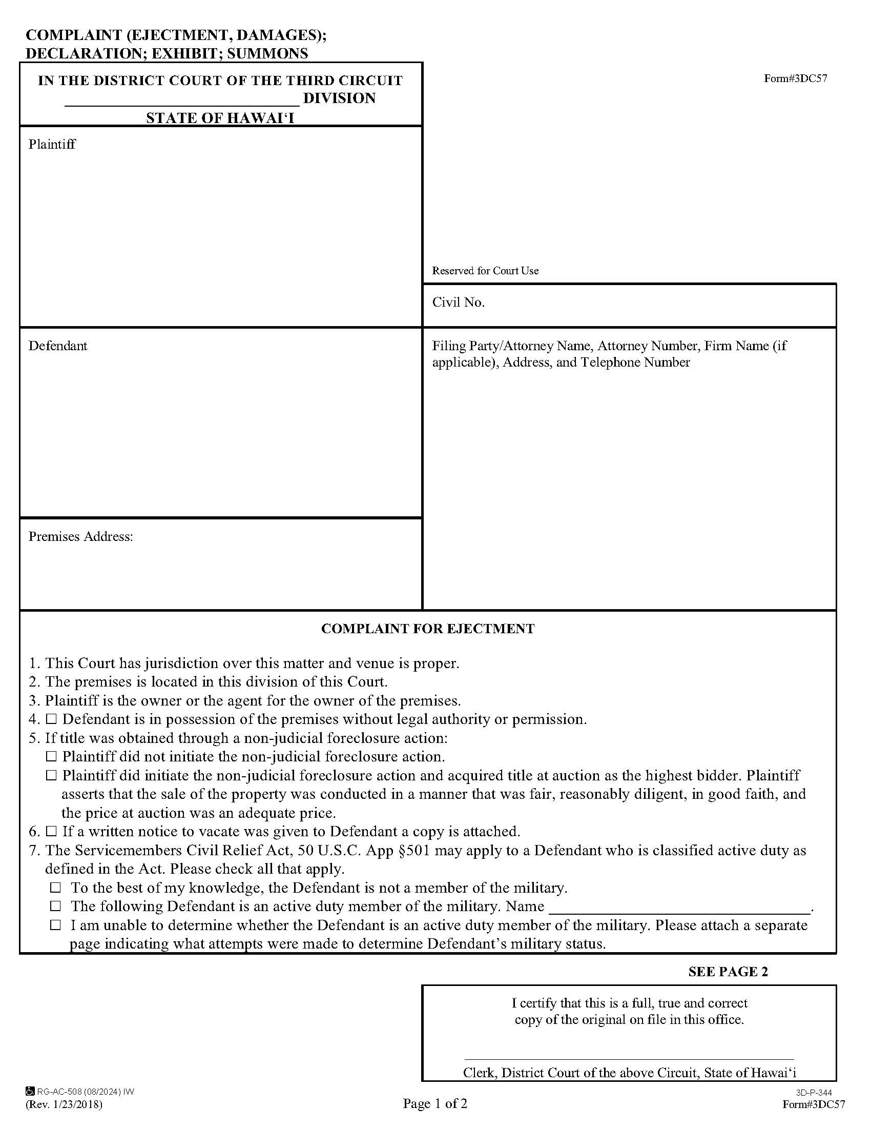 Complaint For Ejectment {3DC57} | Pdf Fpdf Docx | Hawaii
