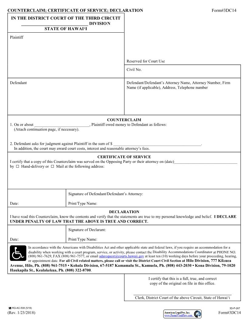 Counterclaim {3DC14} | Pdf Fpdf Docx | Hawaii