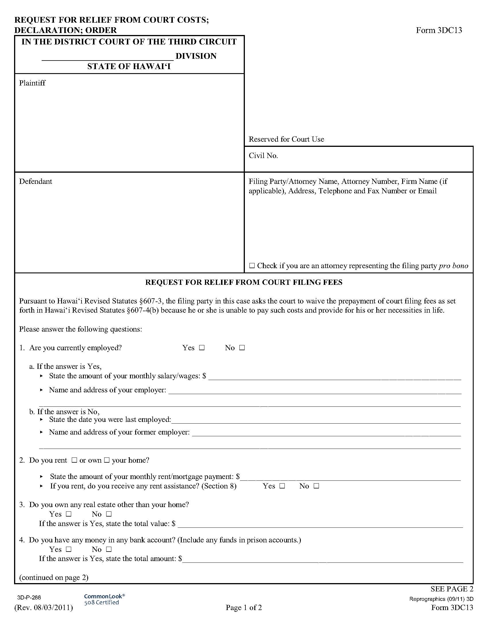 Request For Relief From Court Costs {3DC13} | Pdf Fpdf Doc Docx | Hawaii