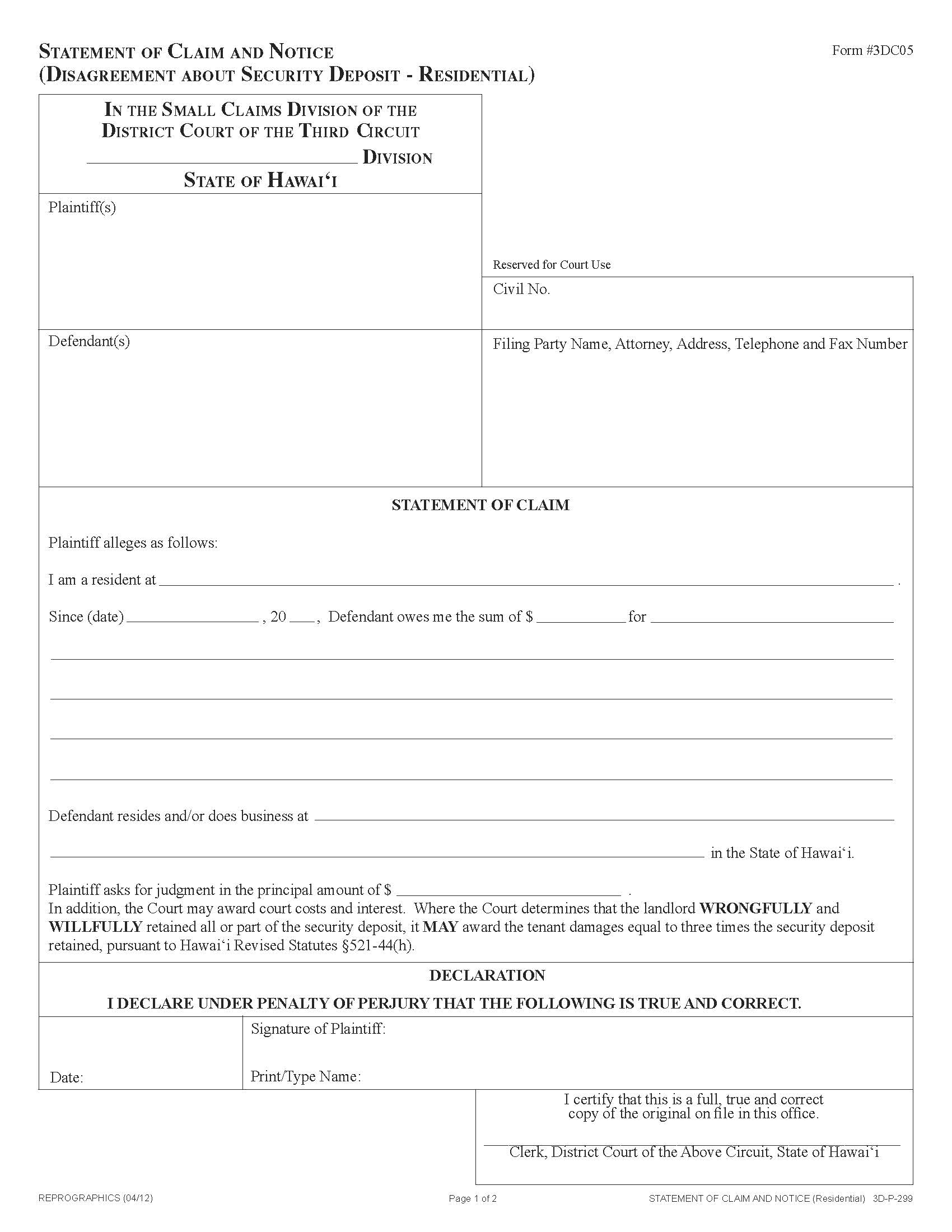 Statement Of Claim And Notice (Disagreement About Security Deposit-Residential) {3DC05} | Pdf Fpdf Doc Docx | Hawaii