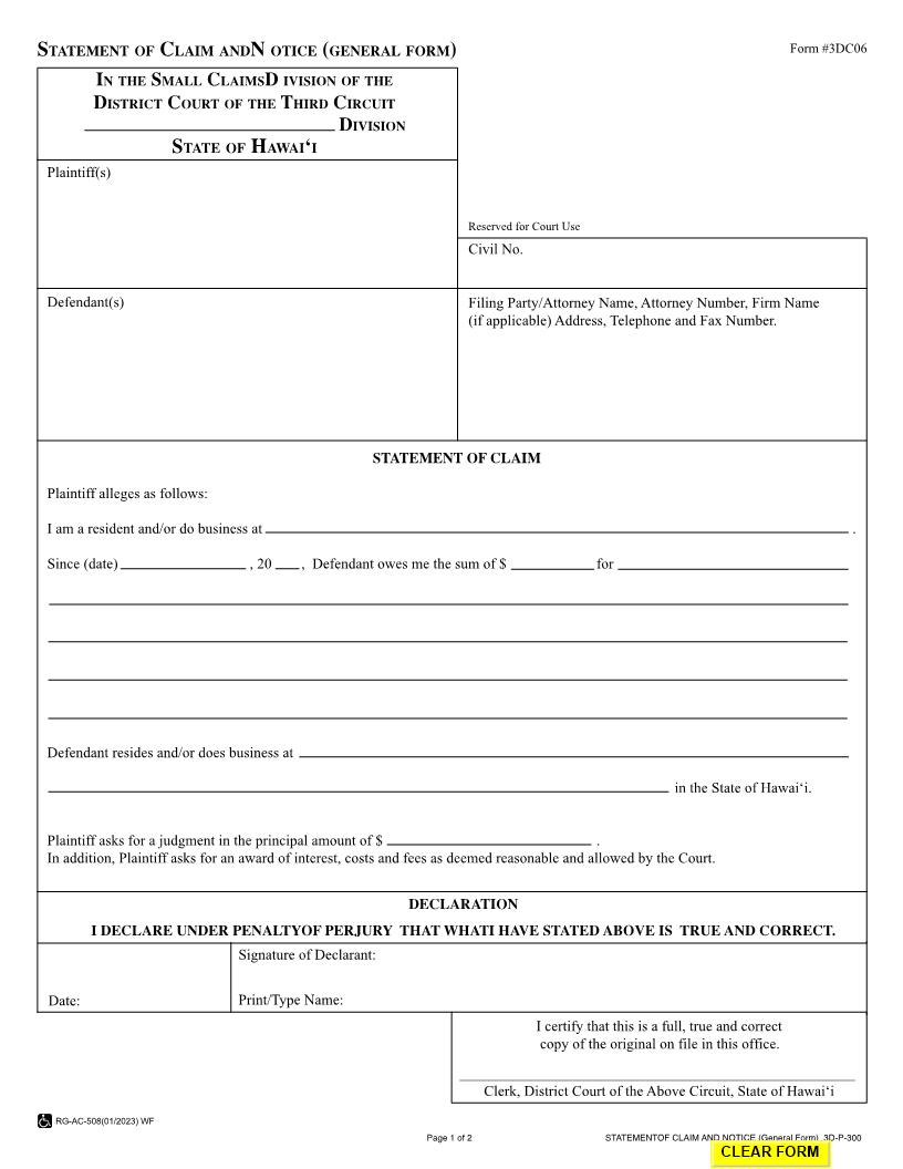 Statement Of Claim And Notice (General Form) {3DC06} | Pdf Fpdf Doc Docx | Hawaii